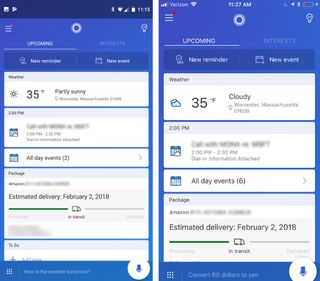 Cortana on Android (left) and iOS (right). They look similar, but neither are very attractive.