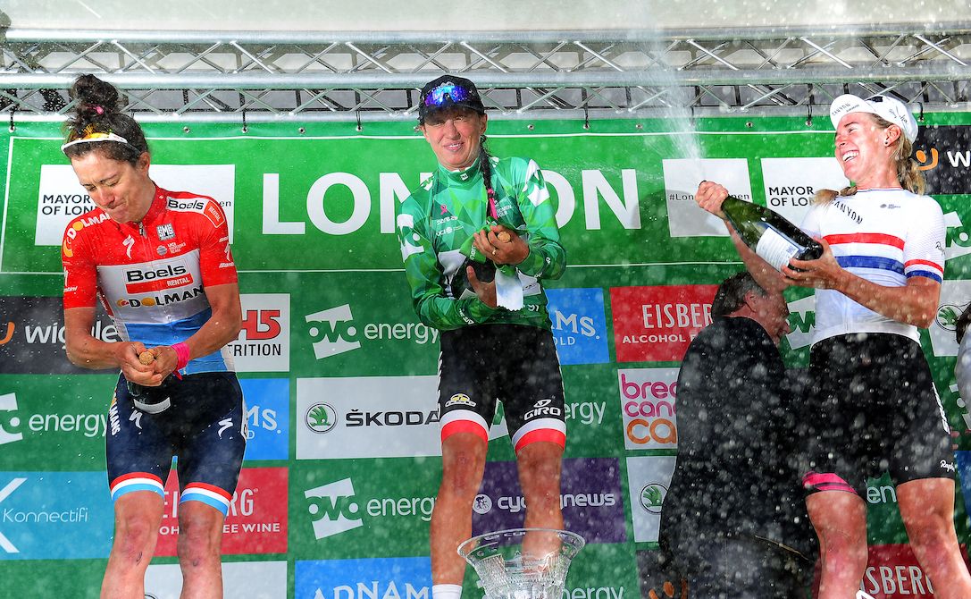 Champagne for the top three GC finishers at the Ovo Energy Women's Tour
