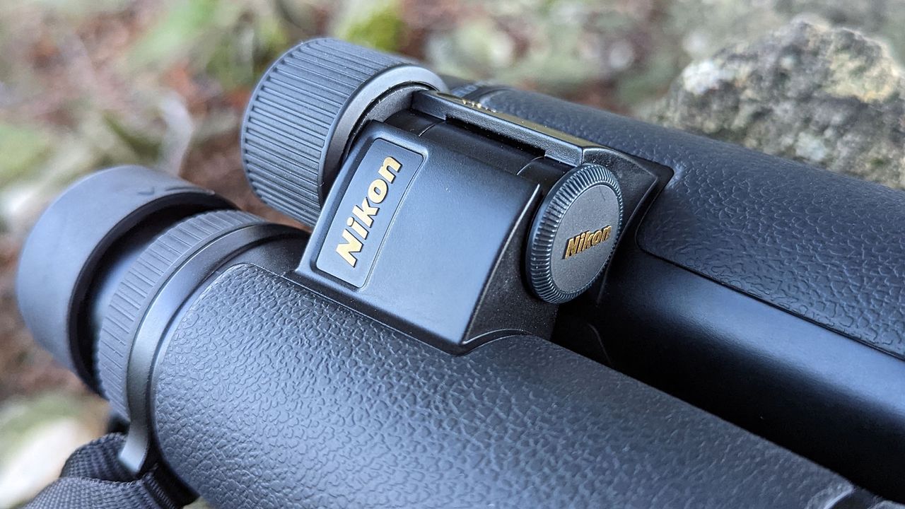 A close up view of the binocular hinge