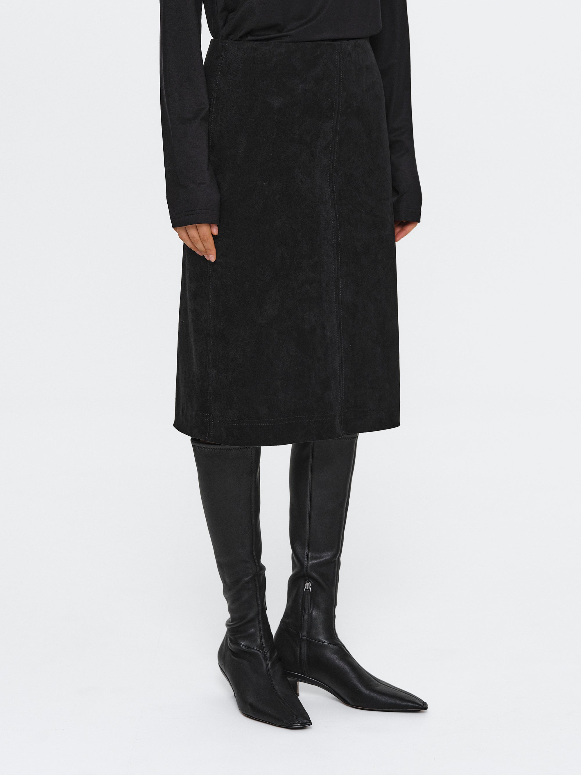 Faux Suede Midi Skirt, Black