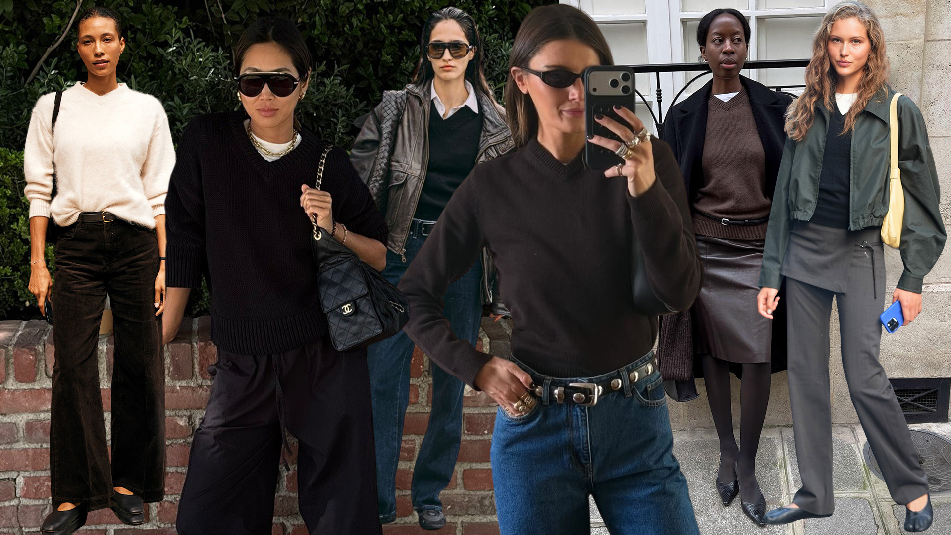 Women wearing high V-neck sweaters and pants