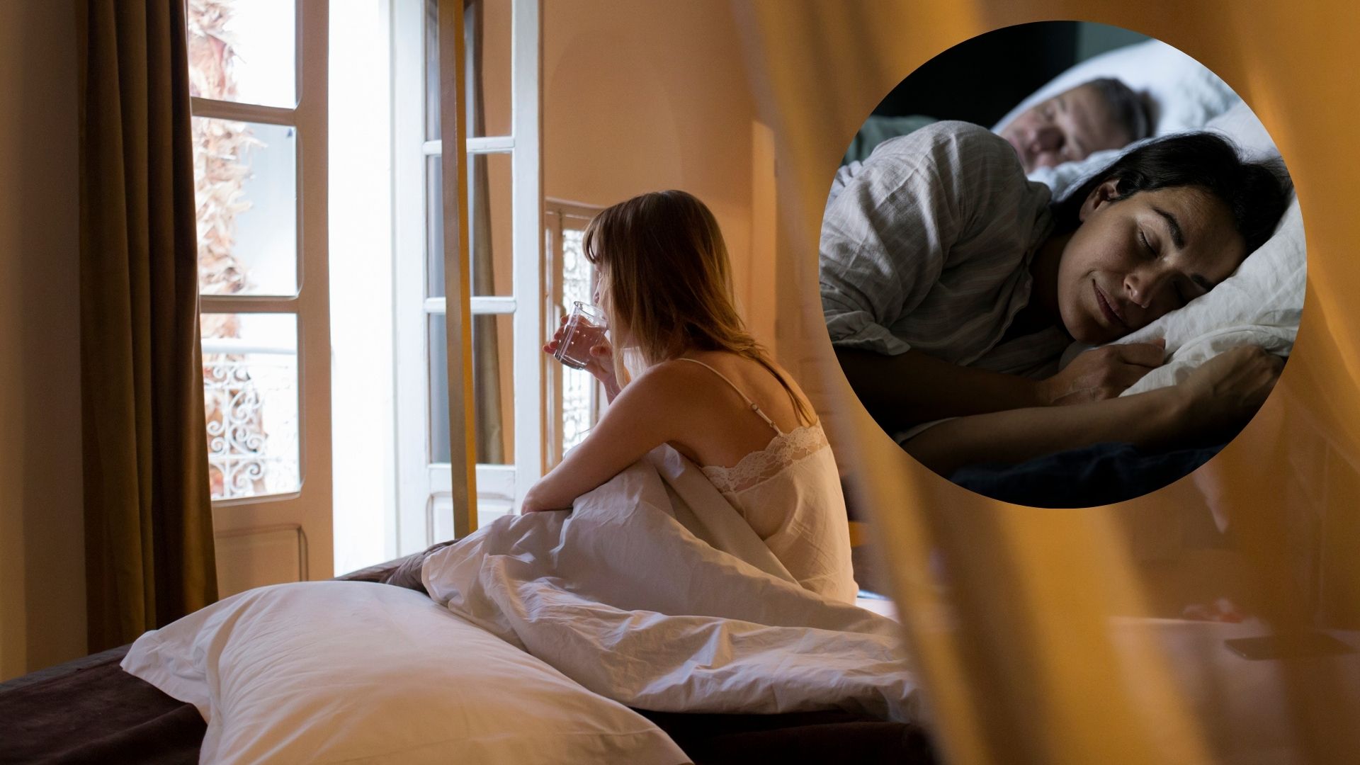 The image shows a dark haired woman sitting in bed drinking a cup of tea, with the window in front of her wide open. Inset, there is an image of a dark haired woman sleeping on a white pillow.