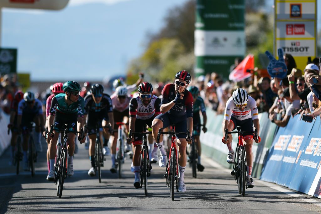 OULENSSOUSECHALLENS SWITZERLAND APRIL 28 Ethan Hayter of United Kingdom and Team INEOS Grenadiers celebrates winning during the 75th Tour De Romandie 2022 Stage 2 a 1682km stage from challens to challens TDR2022 on April 28 2022 in OulenssousEchallens Switzerland Photo by Dario BelingheriGetty Images