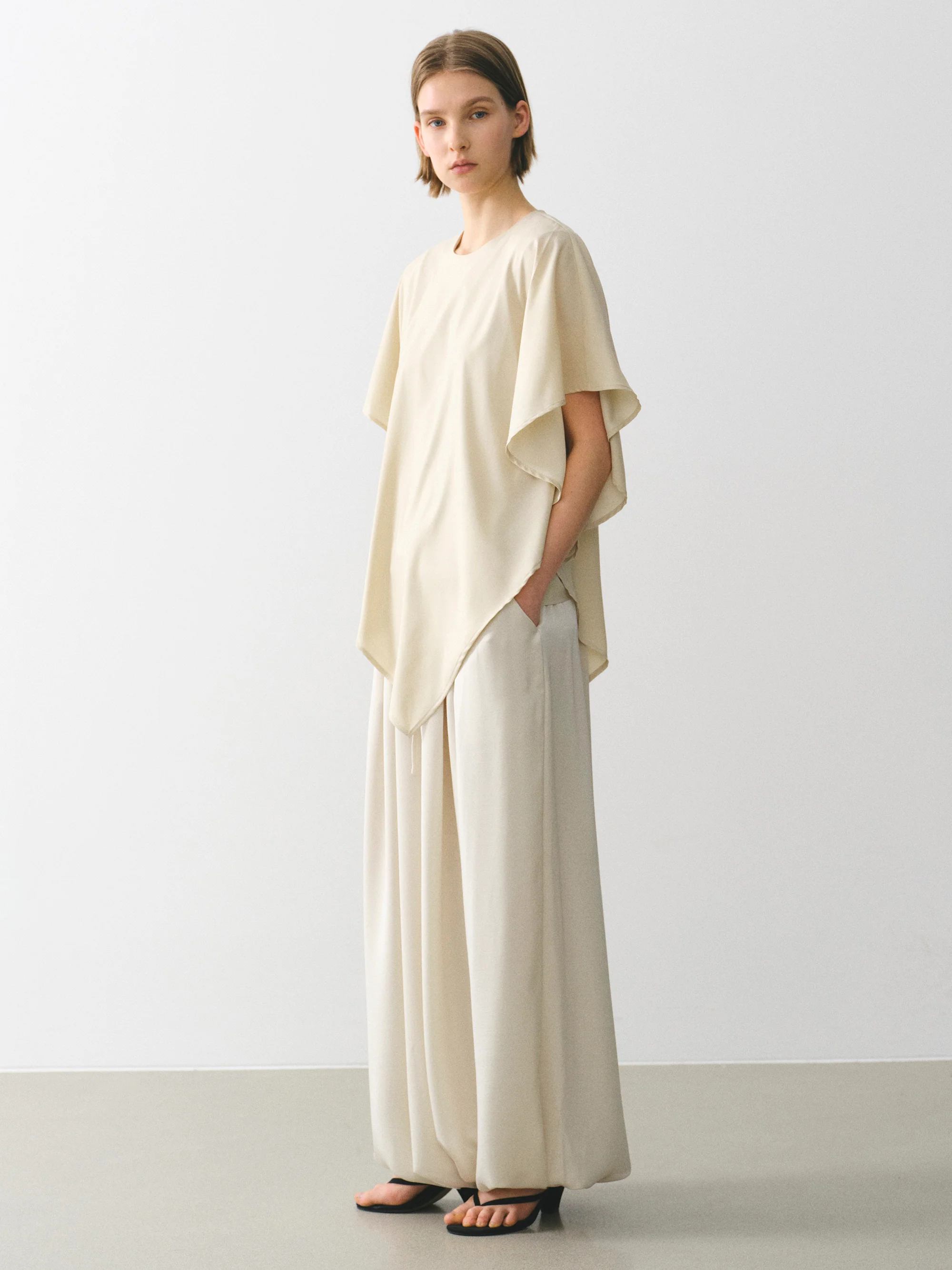 Elasticated Satin-Effect Balloon Pants, Beige