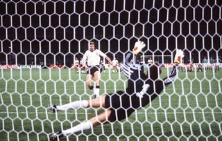 Chris Waddle blasts his penalty over the bar as England lose to West Germany in a shootout in the semi-finals of the 1990 World Cup in Turin.