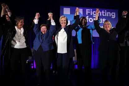 Hillary Clinton with several Democratic senators who endorsed her.