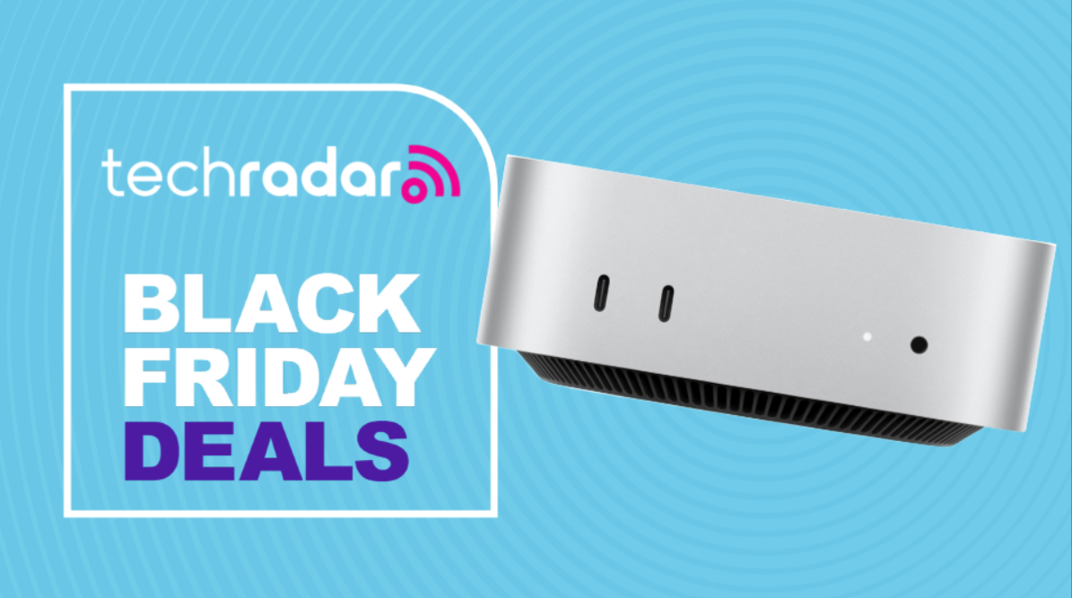 Apple Mac mini (M4) on a light blue background next to a TechRadar badge reading &#039;Black Friday deals&#039;