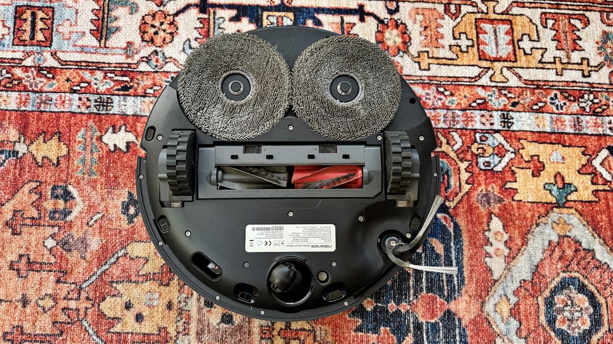 Roborock Saros 10R robot vacuum flipped over to show underside