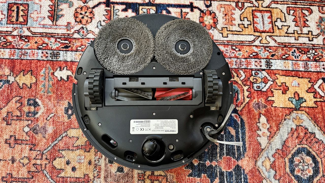 Roborock Saros 10R robot vacuum flipped over to show underside