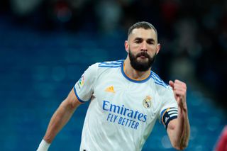 Karim Benzema celebrates after scoring for Real Madrid, 2022