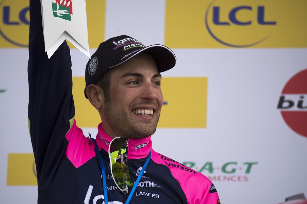 Davide Cimolai (Lampre-Merida) on the podium