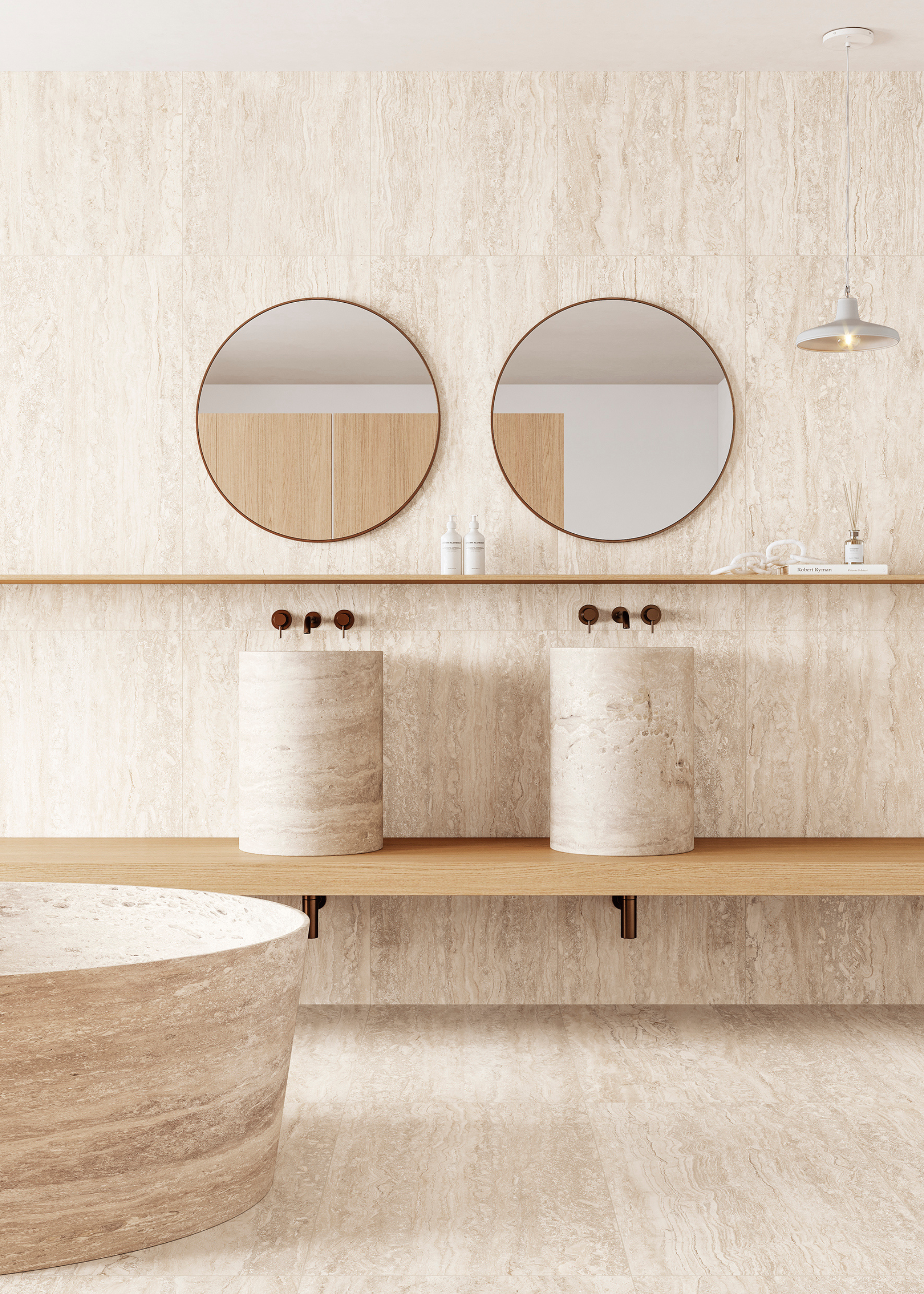 travertine-look tile drenched bathroom with freestanding tub