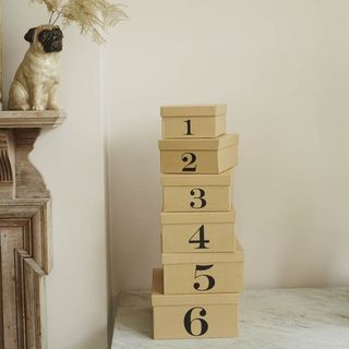 Number Storage Boxes next to fireplace with porcelain pug on top of it on top of white granite top