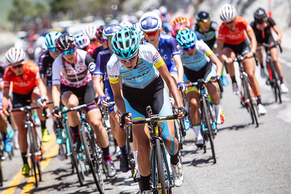 Carolina Rodr&iacute;guez of Mexico and Astana Women's Team leads the front of the peloton on stage 2 of the Amgen Tour of California Women's Race