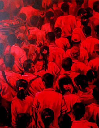 Image of a crowd of people facing away from the camera, and done in red