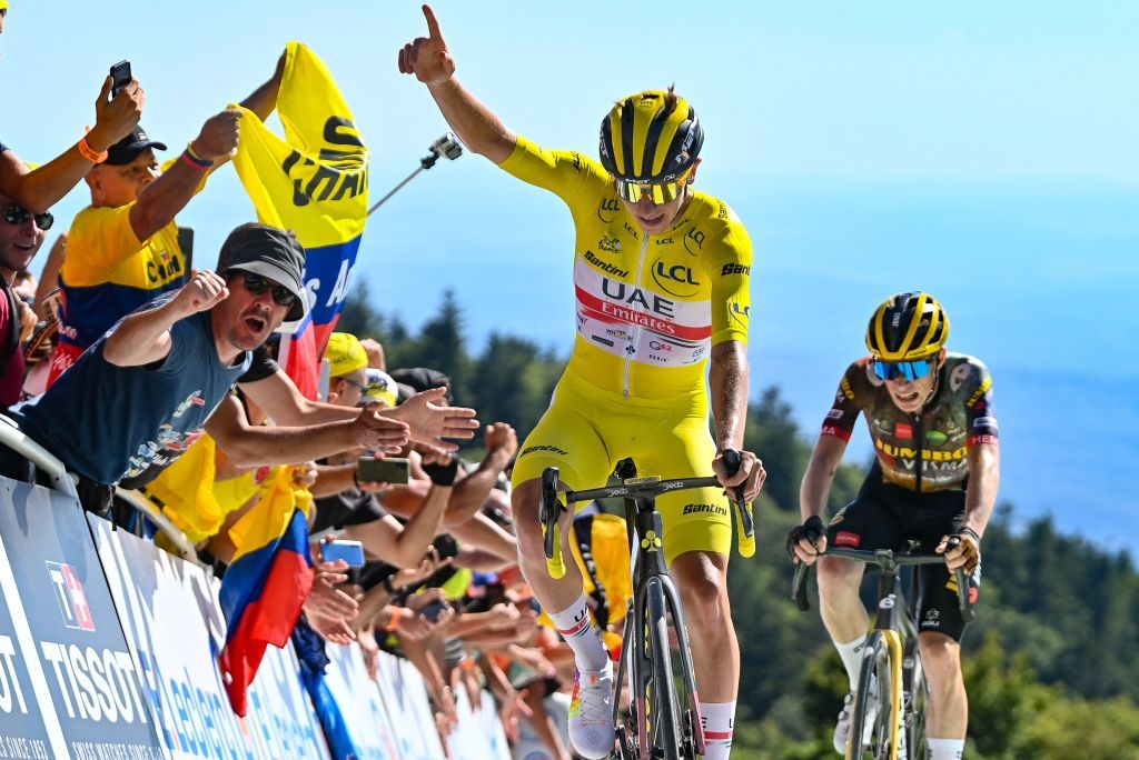 Slovenian Tadej Pogacar of UAE Team Emirates celebrates after winning stage seven of the Tour de France cycling race a 176 km race from Tomblaine to La Super Planche des Belles Filles France on Friday 08 July 2022 This years Tour de France takes place from 01 to 24 July 2022 BELGA PHOTO POOL DAVID STOCKMAN UK OUT Photo by DAVID STOCKMAN BELGA MAG Belga via AFP Photo by DAVID STOCKMANBELGA MAGAFP via Getty Images