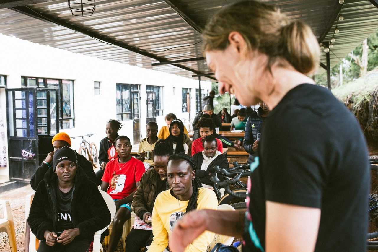 Lauren De Crescenzo leads a women's only session at gravel camp with Black Mamba Devo women