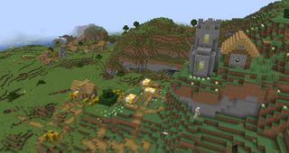 Minecraft - Two villages in the plains. One is on flat terrain, the other is climbing a hill.