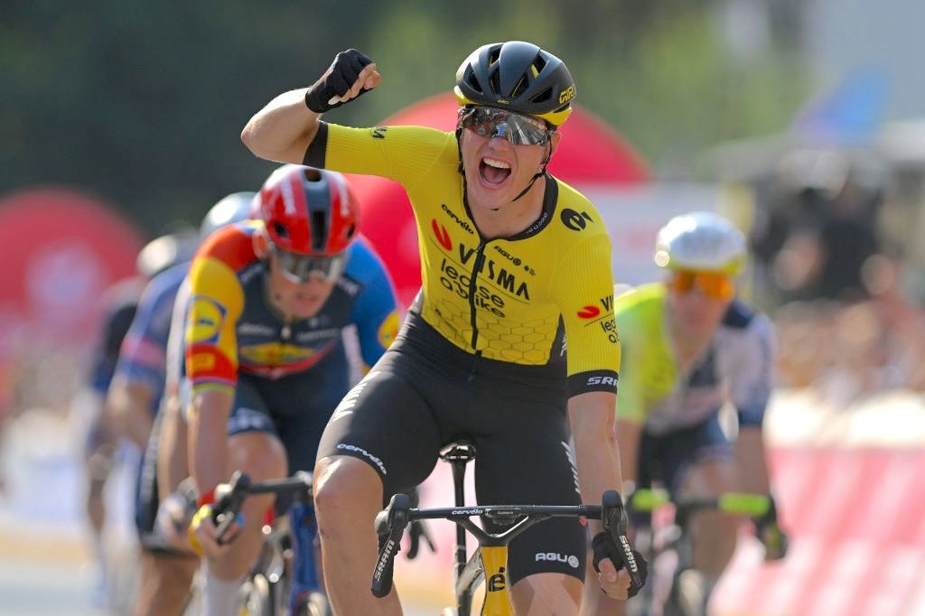 PRUDNIK, POLAND - AUGUST 15: Olav Kooij of The Netherlands and Team Team Visma - Lease a Bike celebrates at finish line as stage winner during the 81st Tour de Pologne, Stage 4 a 195.3km stage from Kudowa-Zdroj to Prudnik / #UCIWT / on August 15, 2024 in Prudnik, Poland. (Photo by Luc Claessen/Getty Images)