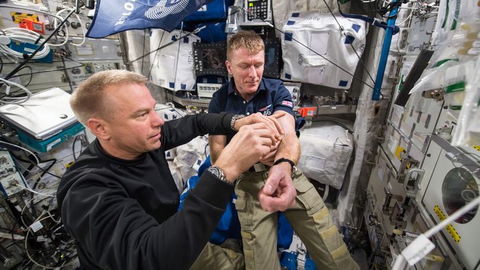 British astronaut Tim Peake gives a blood sample to help scientists understand why spaceflight damages red blood cells.