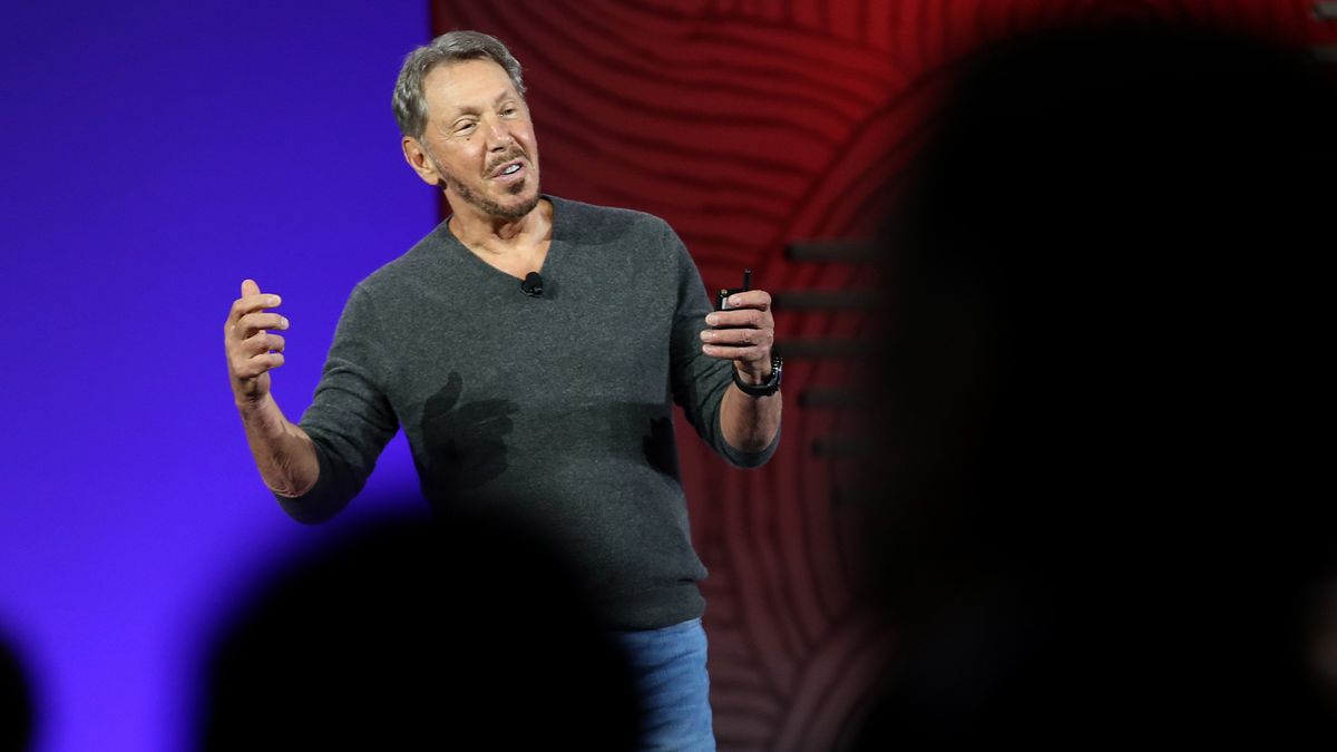 Oracle chairman and chief technology officer, Larry Ellison, pictured on stage at the 2019 Oracle OpenWorld conference in San Francisco, California.