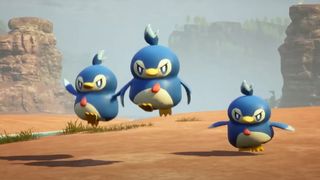 Three blue Pals seen in the Palworld early-access launch trailer.
