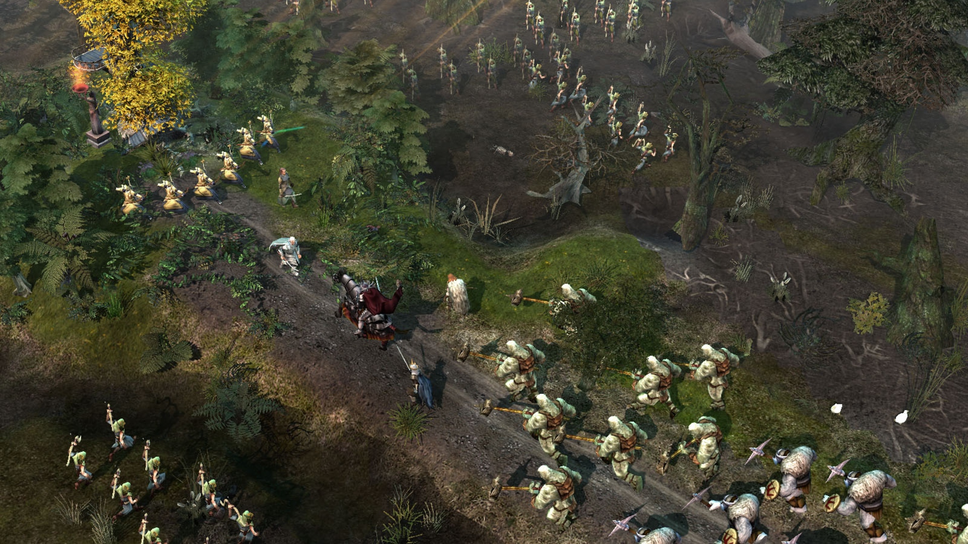 The Lord of the Rings: Battle for Middle-earth 2 - Rise of the Witch-King gameplay showing an army ambushed in the forest