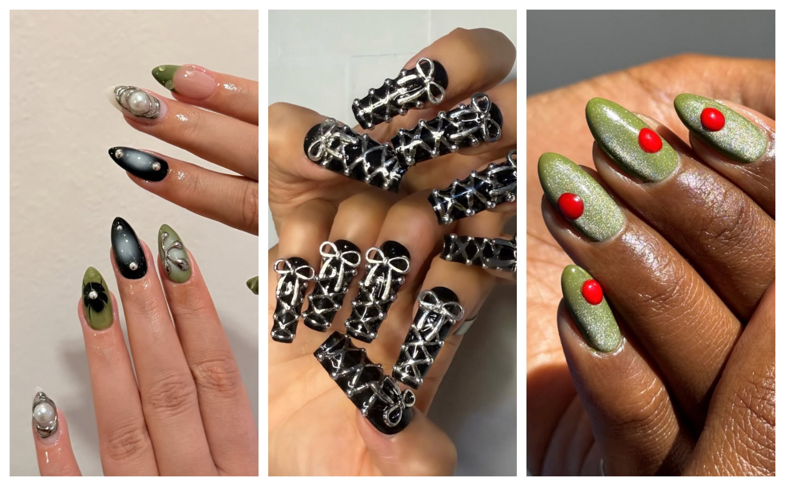 a trio of metallic, gold, black, and green manicures