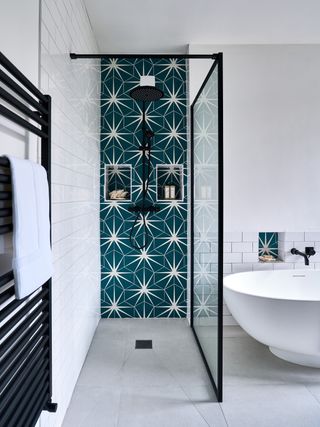 shower storage ideas double wall niche patterned wall tiles by Ripples