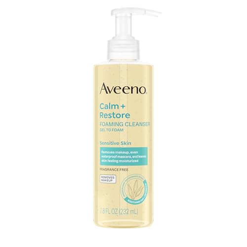Aveeno Calm + Restore Foaming Cleanser for Sensitive Skin, Daily Face Wash Gently Removes Makeup &amp;amp; Cleanses Skin With Soothing Oat, Feverfew &amp;amp; Hyaluronic Acid, Fragrance-Free, 7.8 Fl. Oz