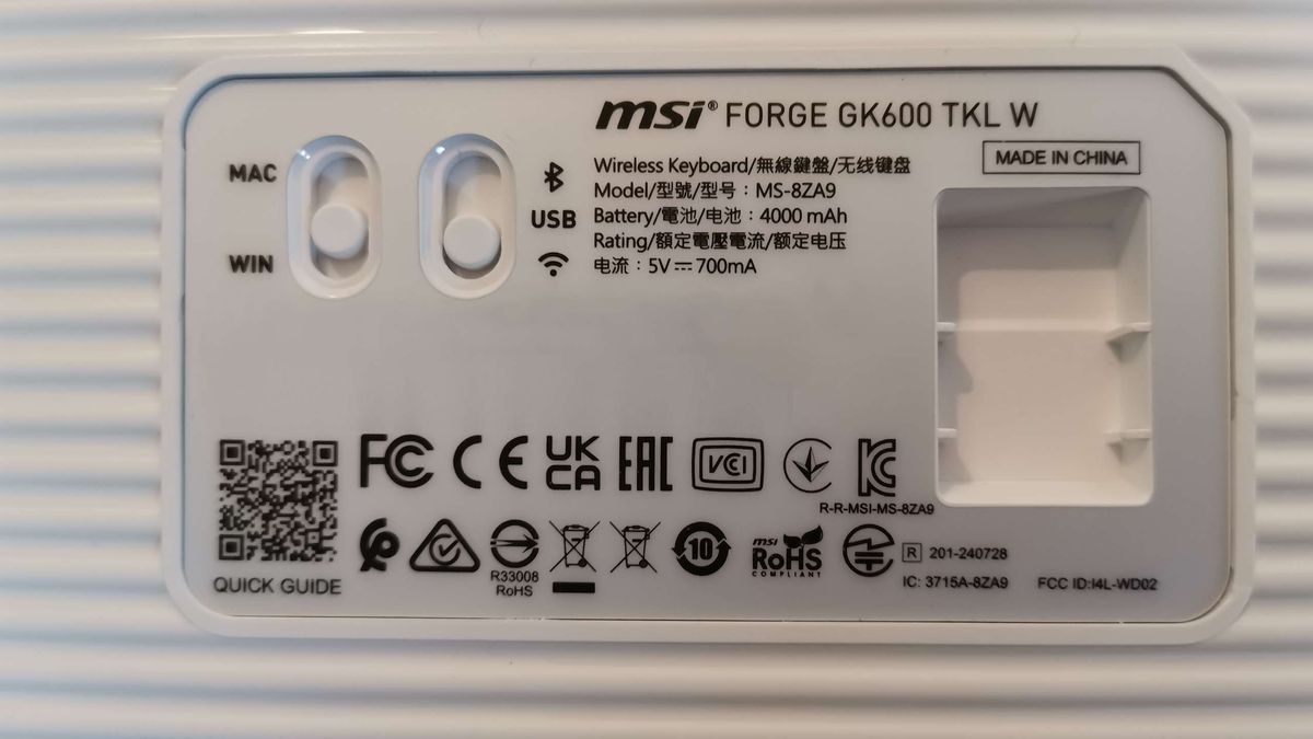 MSI Forge GK600 TKL gaming keyboard on a desk.