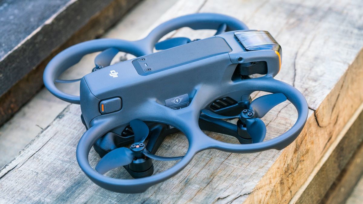 DJI Avata 2 FPV drone on a wooden bench