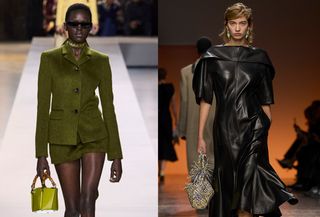 A collage showing looks from the 2024 runway collections of Bottega Veneta and Gucci.