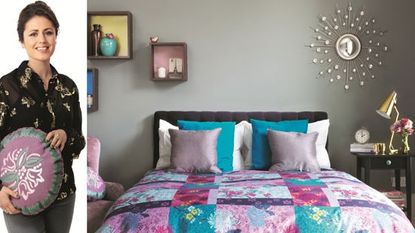 bedroom with grey wall and bed inside woman