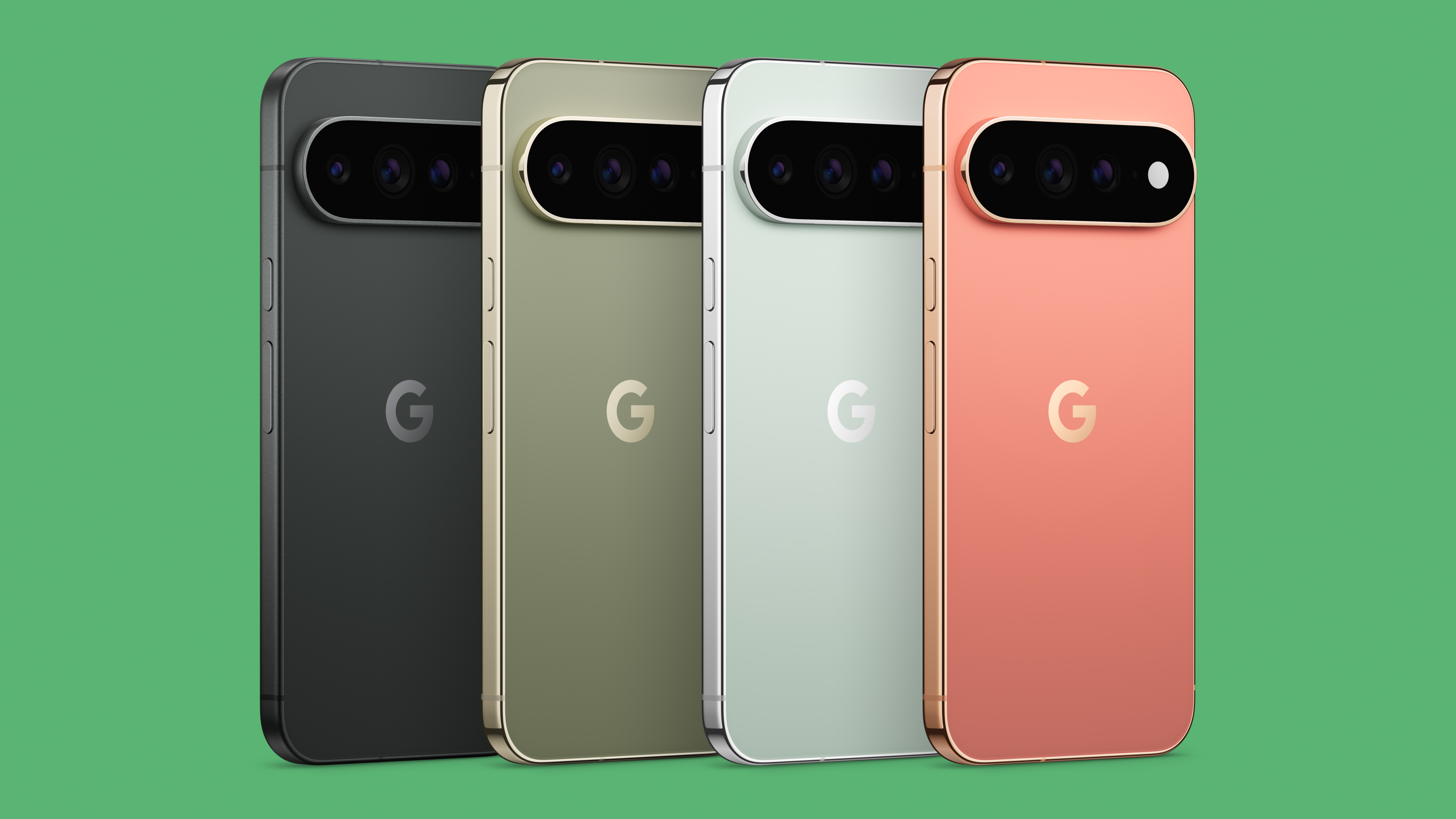 Google Pixel 11 Pro XL cameras in all color options, against a green background