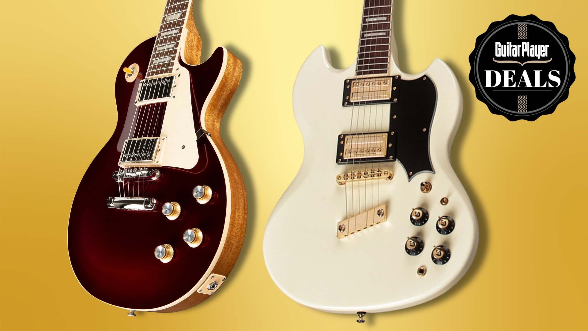 A Gibson Les Paul and Guild Polara on a gold background