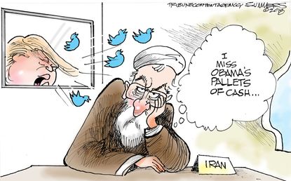 Political cartoon U.S. Trump Rouhani Iran tweets Obama