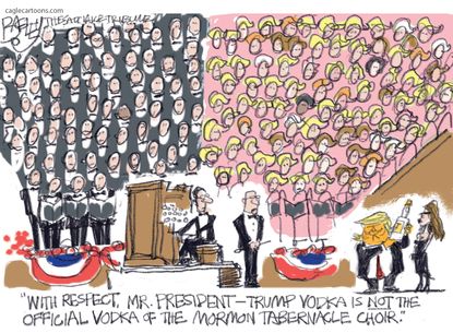 Political cartoon U.S. Donald Trump Mormon Tabernacle Choir