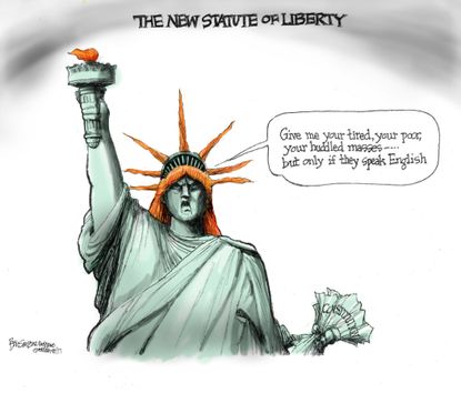 Political cartoon U.S. Trump immigration policy Lady Liberty English