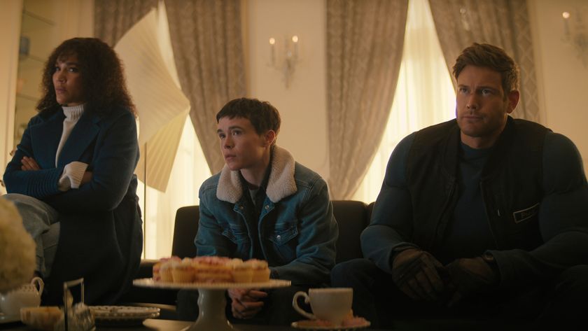 Emmy Raver-Lampman, Elliot Page, and Tom Hopper as Allison, Viktor, and Luther Hargreeves in The Umbrella Academy