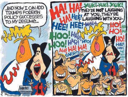 Political cartoon U.S. Trump Nikki Haley foreign policy success laughter