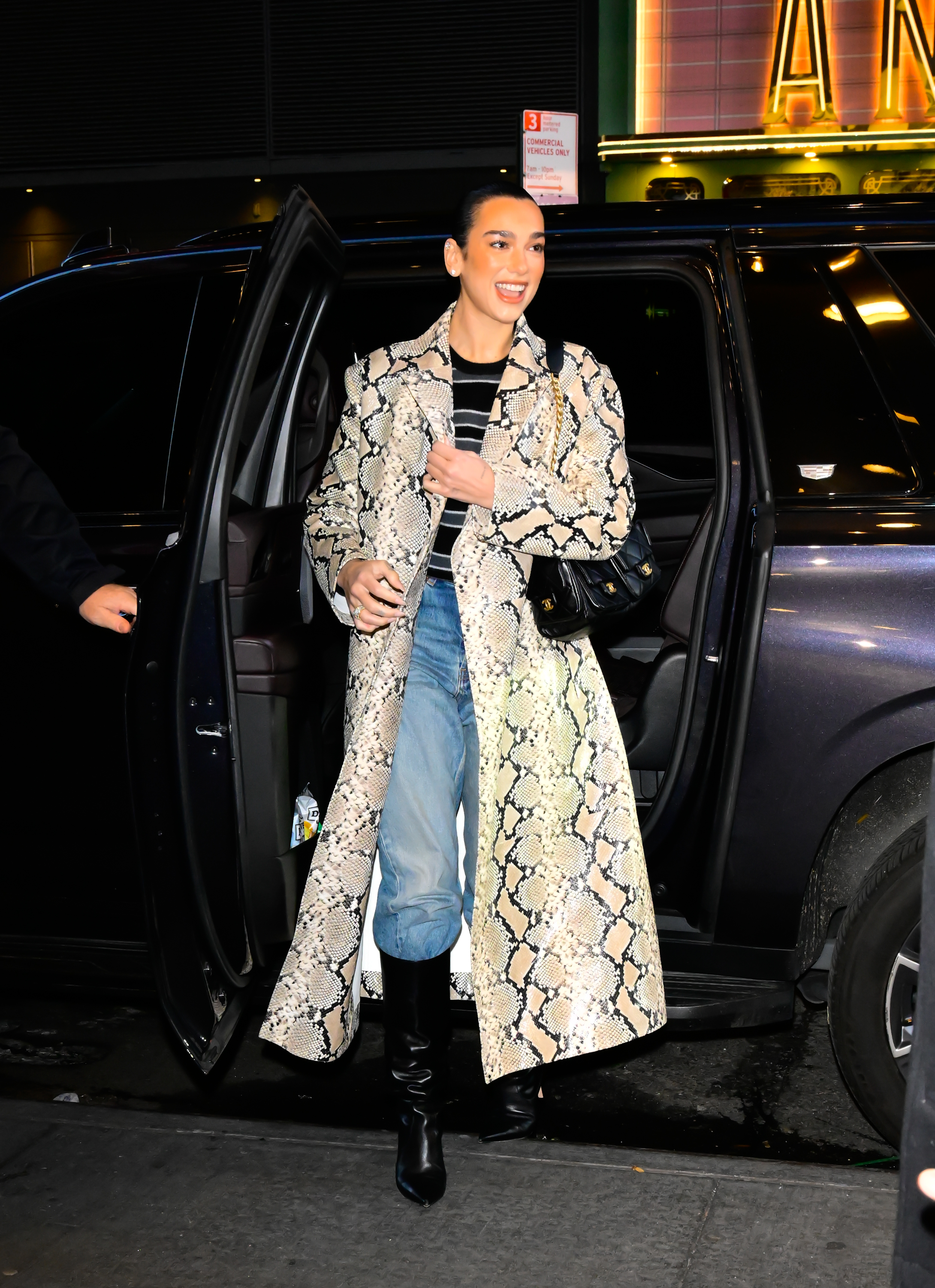 Dua Lipa wears a snakeskin trench coat