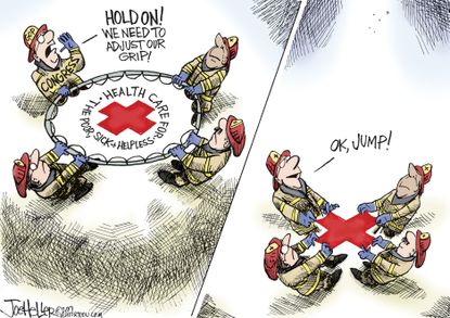 Political Cartoon U.S. American Health care act poor sick helpless safety net