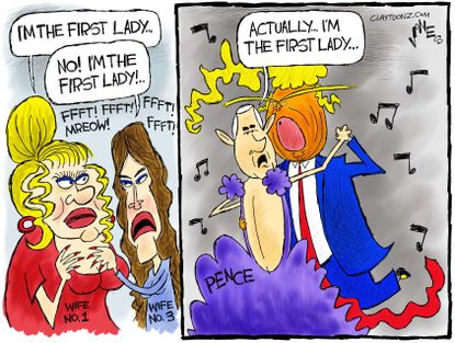 Political cartoon U.S. Ivana Trump first lady Melania Mike Pence
