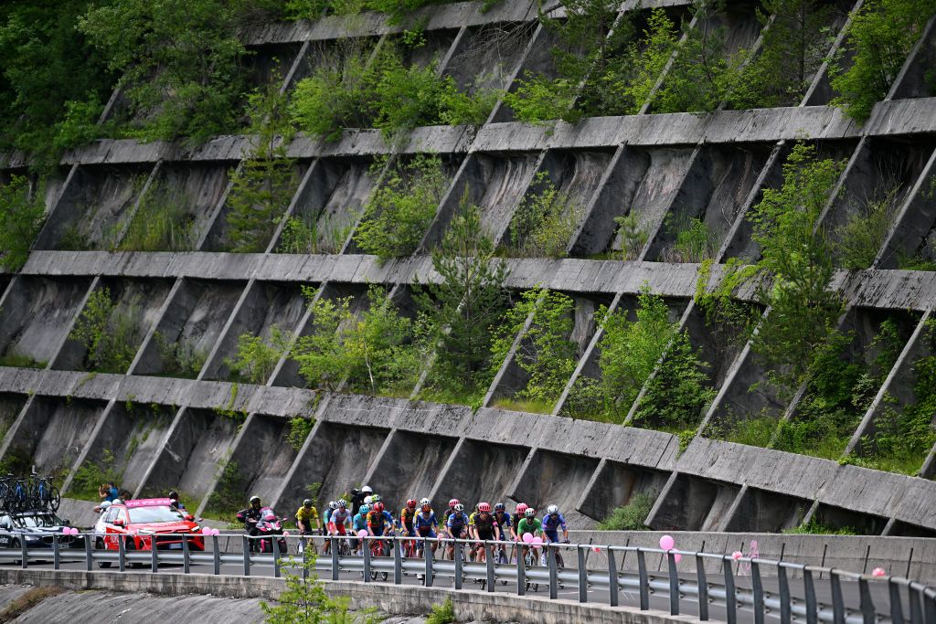 SAPPADA ITALY MAY 24 Jhonatan Narvaez of Ecuador and Team INEOS Grenadiers Quinten Hermans of Belgium and Team Alpecin Deceuninck Simone Velasco of Italy and Astana Qazaqstan Team Andrea Vendrame of Italy and Decathlon AG2R La Mondiale Team Mikkel Frolich Honore of Denmark and Team EF Education EasyPost Enzo Paleni of France and Team Groupama FDJ Georg Steinhauser of Germany and Team EF Education EasyPost Dries De Pooter of Belgium and Team Intermarche Wanty Michael Valgren of Denmark and Team EF Education EasyPost Jasper Stuyven of Belgium and Team Lidl Trek Pelayo Sanchez of Spain and Movistar Team Edward Theuns of Belgium and Team Lidl Trek Julian Alaphilippe of France and Team Soudal QuickStep Alessandro De Marchi of Italy and Team Jayco AlUla Mattia Bais of Italy and Team Polti Kometa Luke Plapp of Australia and Team Jayco AlUla Tim van Dijke of Netherlands and Team Visma Lease a Bike and Manuele Tarozzi of Italy and Team VF Group Bardiani CSF Faizane compete in the breakaway during the 107th Giro dItalia 2024 Stage 19 a 157km stage from Mortegliano to Sappada 1236m UCIWT on May 24 2024 in Sappada Italy Photo by Dario BelingheriGetty Images