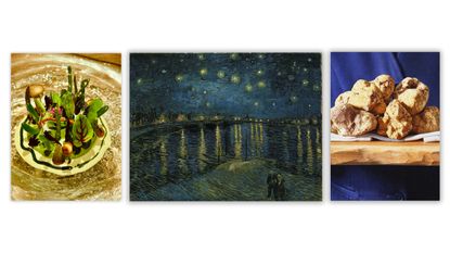 leafy meal on plate, Van Gogh artwork, truffles