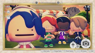 In Pokemon Pokopia, four Ditto human players pose for a selfie photo using the in-game Pokedex in multiplayer