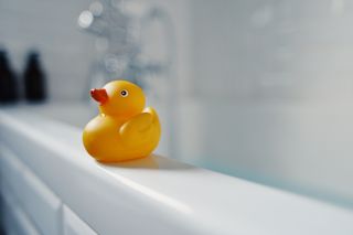 clean bathtub with rubber duck