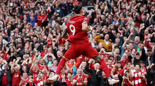 Darwin Nunez celebrates after scoring for Liverpool against West Ham in September 2023.