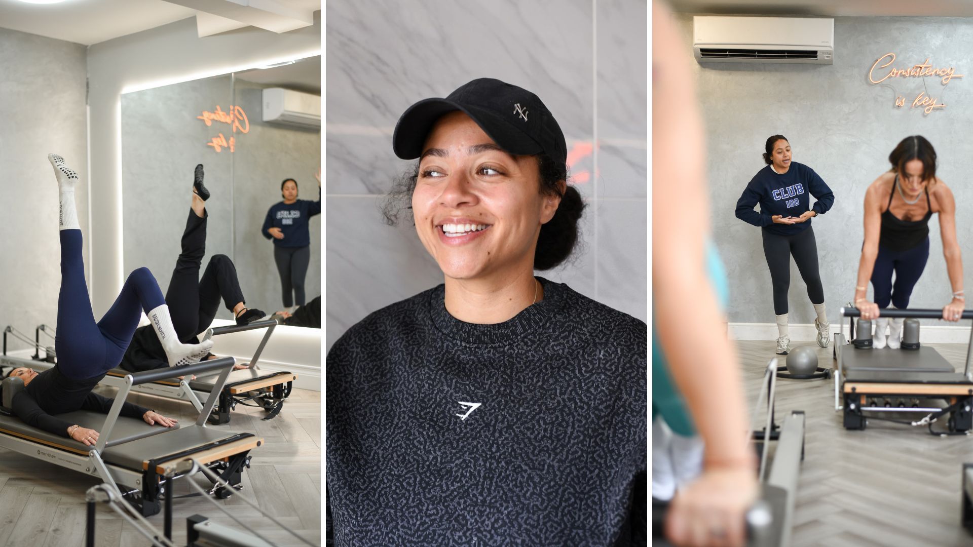 Three images side by side, with a portrait of a woman wearing a cap and smiling in the middle, with images from Pilates reformer classes either side